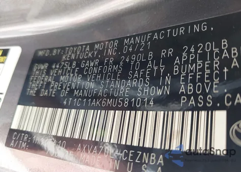 2021 Toyota Camry Le z USA, uszkodzony, nr VIN 4T1C11AK6MU581014